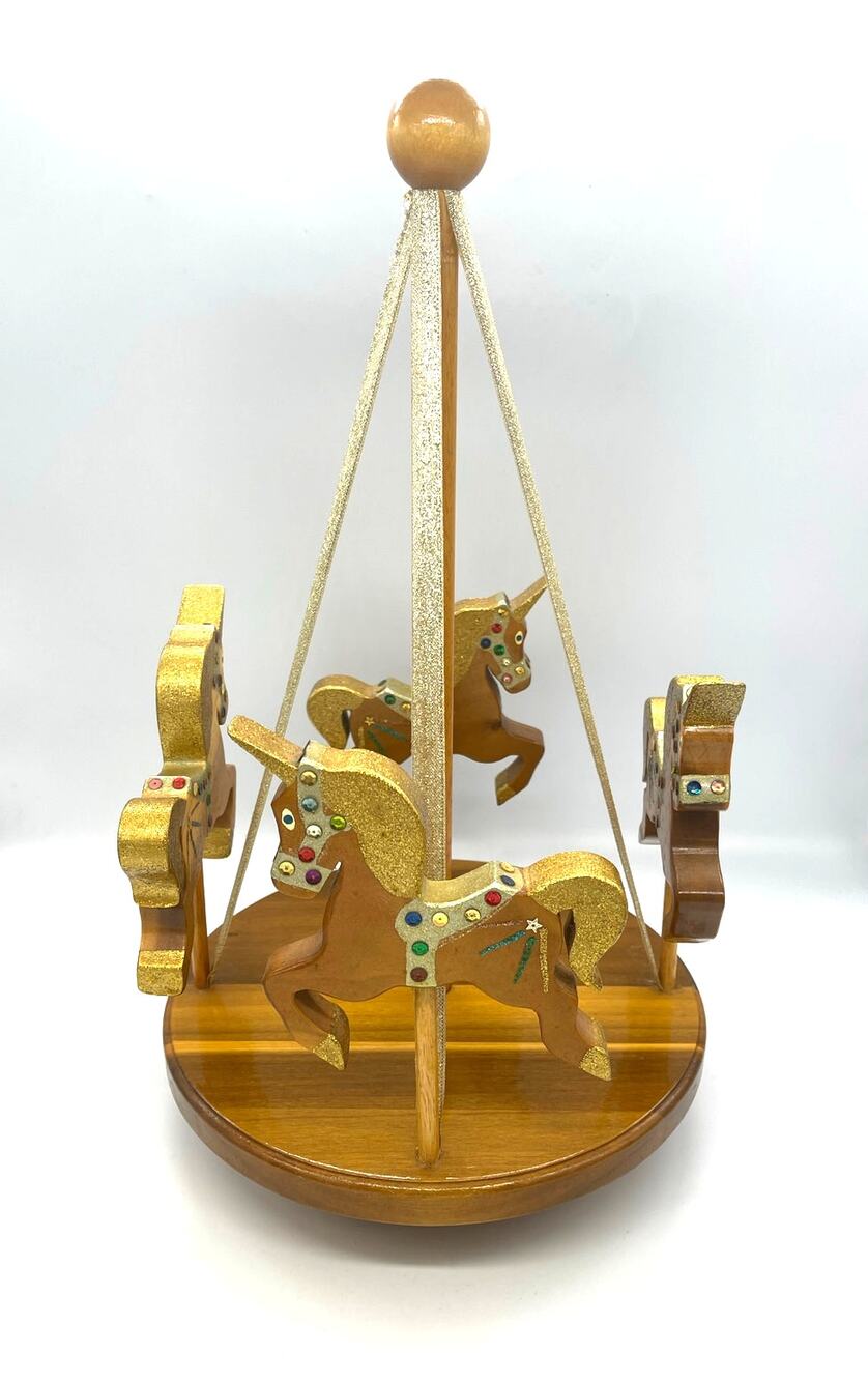 Vintage Handcrafted Wooden Carousel String / Ribbon Whirligig w/ Unicorns
